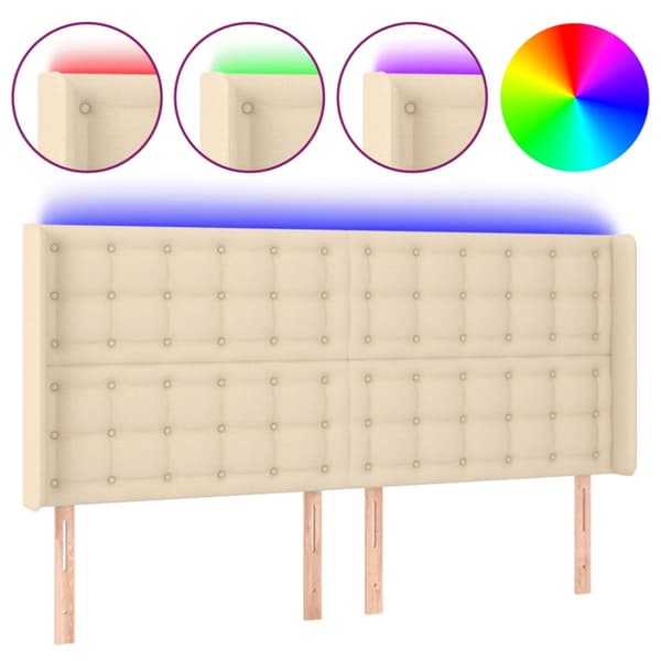 sengegavl med LED-lys 203x16x118/128 cm stof cremefarvet