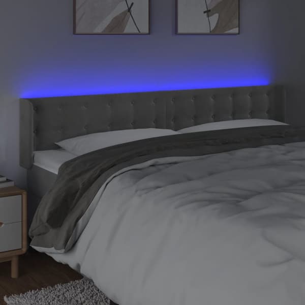 sengegavl med LED-lys 183x16x78/88 cm fløjl lysegrå