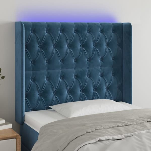 sengegavl med LED-lys 103x16x118/128 cm fløjl mørkeblå