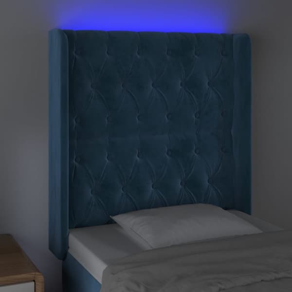 Sängyn pääty LED, tummansininen, 83x16x118/128cm kangas