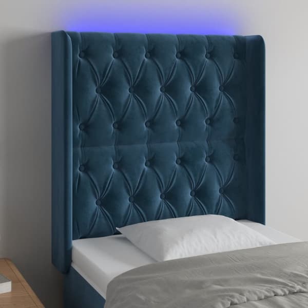 Sängyn pääty LED, tummansininen, 83x16x118/128cm kangas