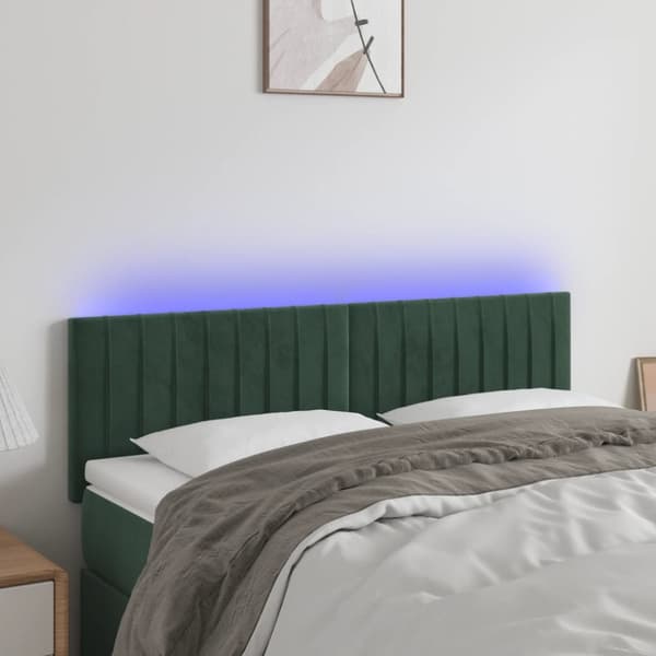 sengegavl med LED-lys 144x5x78/88 cm fløjl mørkegrøn