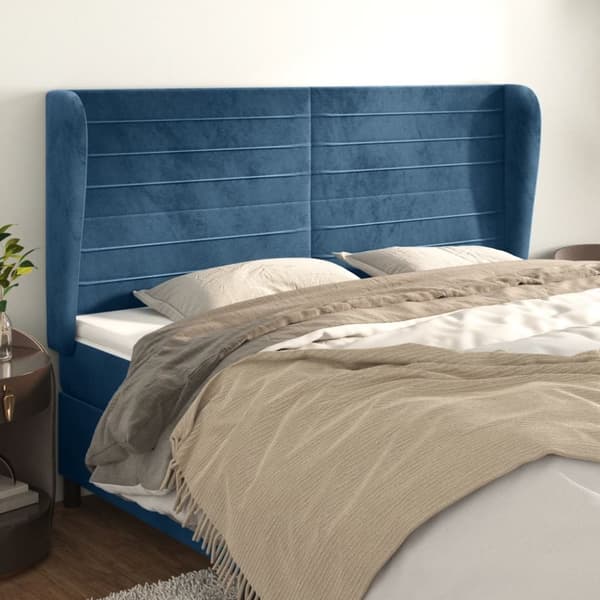 sengegavl med kanter 203x23x118/128 cm fløjl mørkeblå
