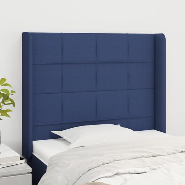 sengegavl med kanter 103x16x118/128 cm stof blå