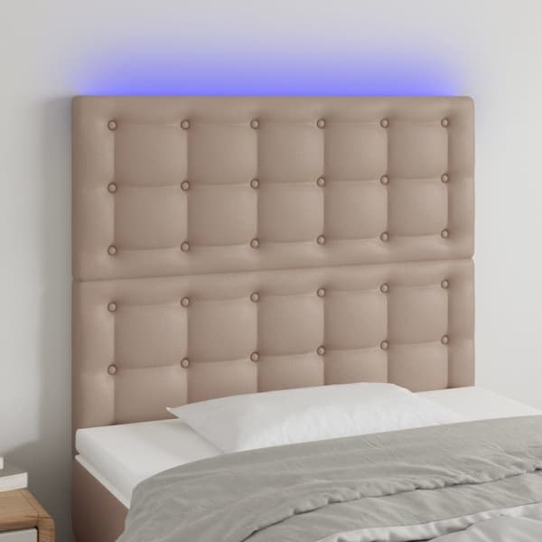 sengegavl med LED-lys 100x5x118/128 cm kunstlæder cappuccino