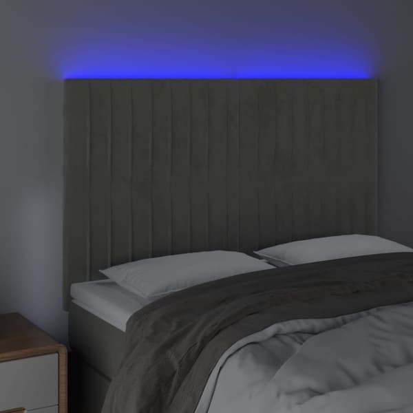 sengegavl med LED-lys 144x5x118/128 cm fløjl lysegrå