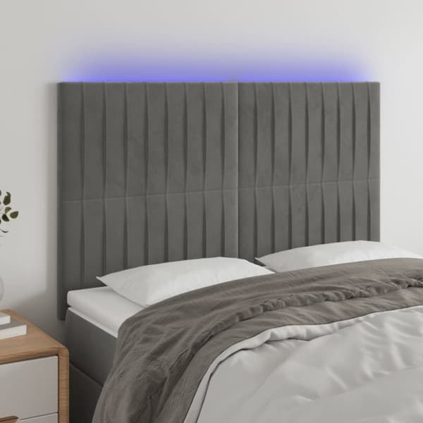 sengegavl med LED-lys 144x5x118/128 cm fløjl lysegrå