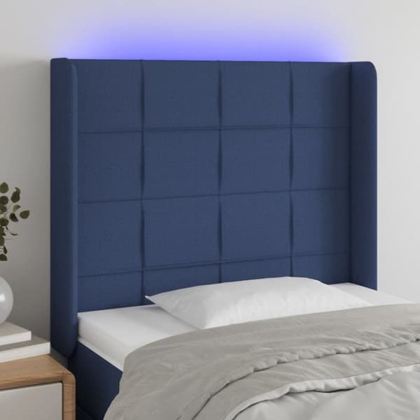 Sängyn pääty LED-valolla, sininen, 83x16x118/128 cm, kangas