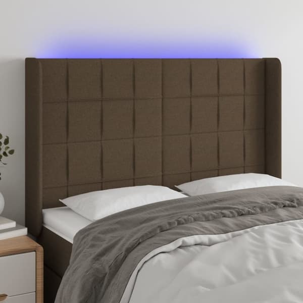 Sängyn pääty, jossa LED tummanruskea 147x16x118/128 cm kangas