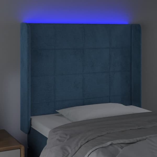 sengegavl med LED-lys 83x16x118/128 cm fløjl mørkeblå