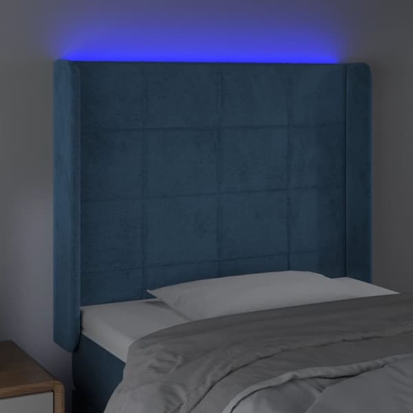 sengegavl med LED-lys 103x16x118/128 cm fløjl mørkeblå