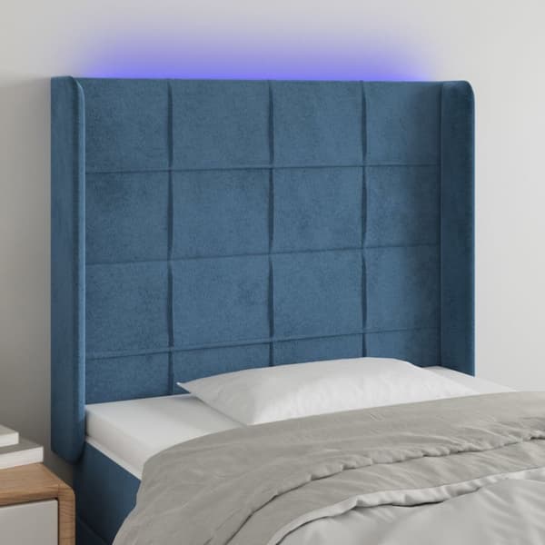 sengegavl med LED-lys 103x16x118/128 cm fløjl mørkeblå