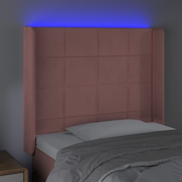 sengegavl med LED-lys 93x16x118/128 cm fløjl lyserød