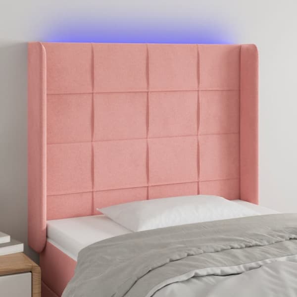 sengegavl med LED-lys 93x16x118/128 cm fløjl lyserød