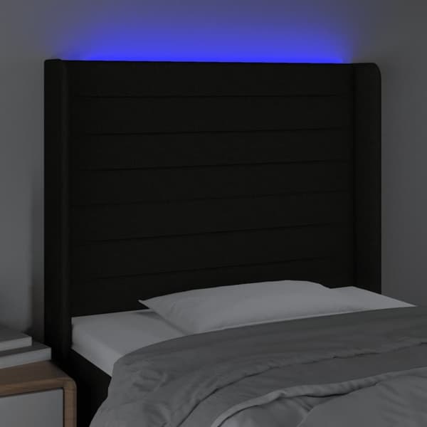Sängyn pääty LED-valolla, musta, 93x16x118/128 cm, kangas