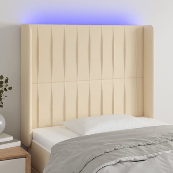 Sängyn pääty LED-valolla, kerma, 103x16x118/128 cm, kangas