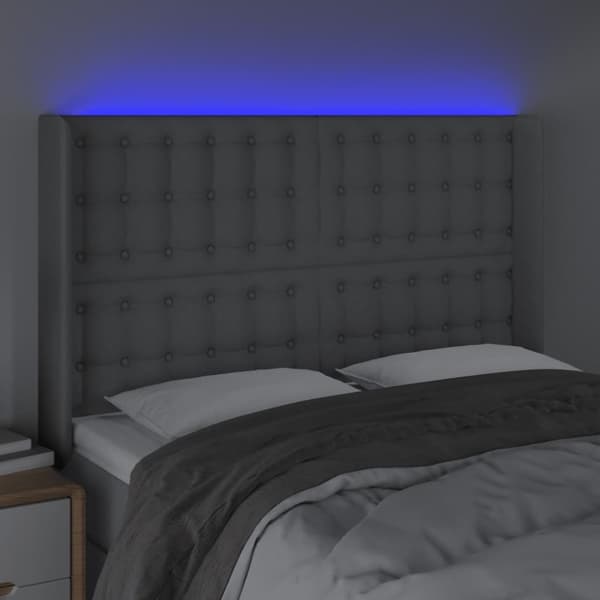 Sängyn pääty LED-valolla, vaaleanharmaa, 147x16x118/128 cm, kangas