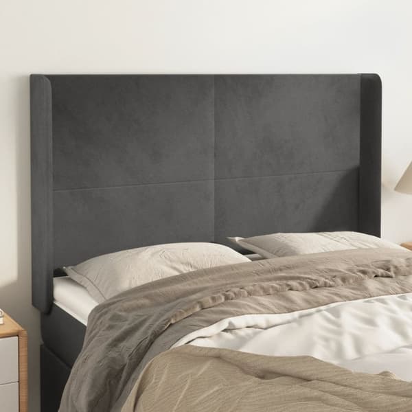 sengegavl med kanter 147x16x118/128 cm fløjl mørkegrå