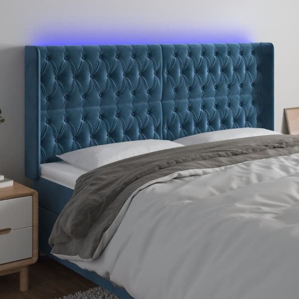 Sängyn pääty LED-valolla, tummansininen, 203x16x118/128 cm