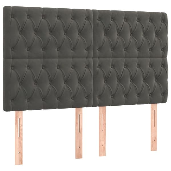 sengegavl med LED-lys 144x7x118/128 cm fløjl mørkegrå