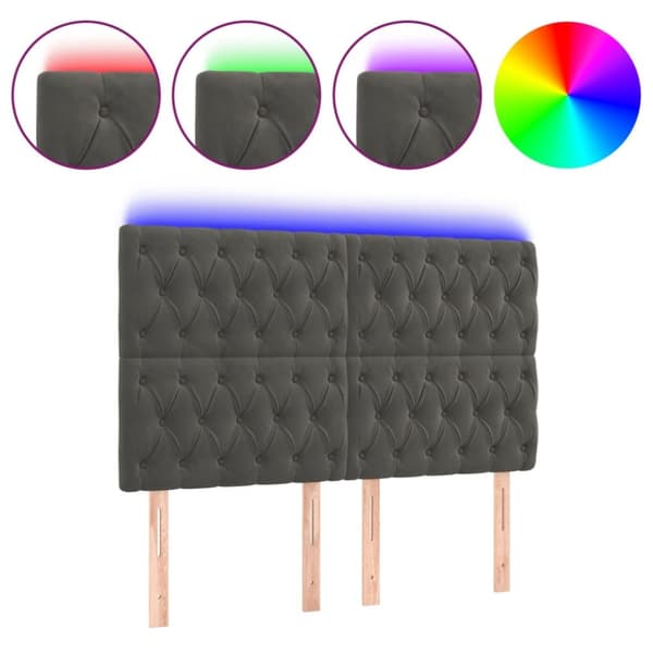 sengegavl med LED-lys 144x7x118/128 cm fløjl mørkegrå