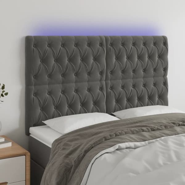 sengegavl med LED-lys 144x7x118/128 cm fløjl mørkegrå