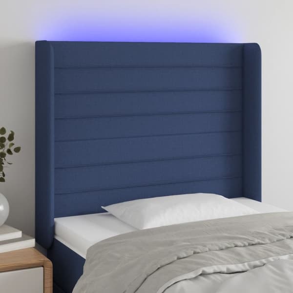 sengegavl med LED-lys 93x16x118/128 cm stof blå