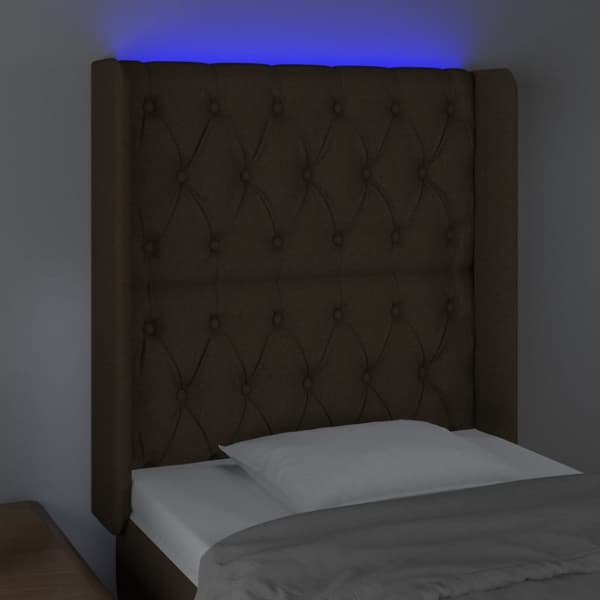 Sängyn pääty LED-valolla, tummanruskea, 83x16x118/128 cm kangas
