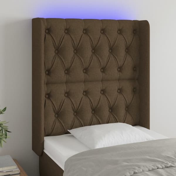Sängyn pääty LED-valolla, tummanruskea, 83x16x118/128 cm kangas