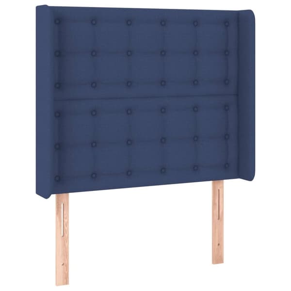sengegavl med LED-lys 103x16x118/128 cm stof blå