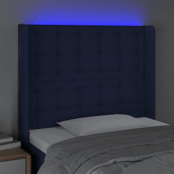 sengegavl med LED-lys 103x16x118/128 cm stof blå