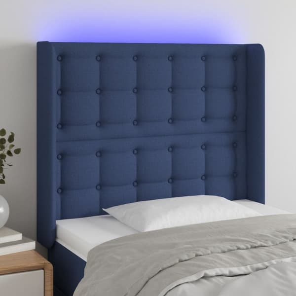 sengegavl med LED-lys 103x16x118/128 cm stof blå