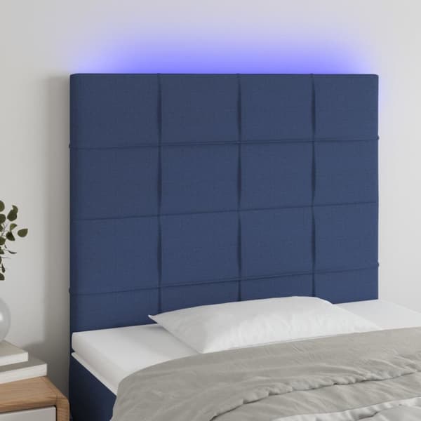 sengegavl med LED-lys 80x5x118/128 cm stof blå