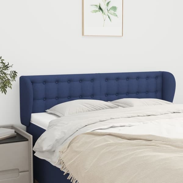 Sänggavel med kanter blå 147x23x78/88 cm tyg