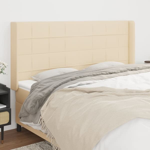 sengegavl med kanter 163x16x118/128 cm stof cremefarvet