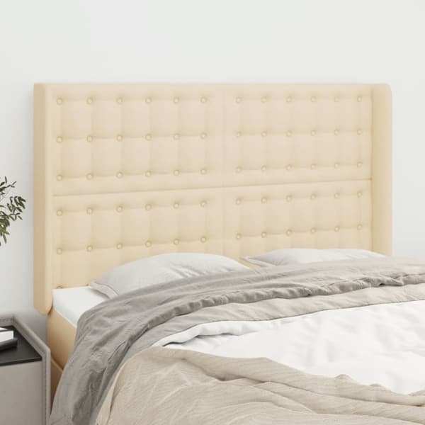 sengegavl med kanter 147x16x118/128 cm stof cremefarvet