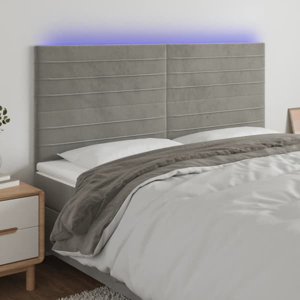 sengegavl med LED-lys 160x5x118/128 cm fløjl lysegrå
