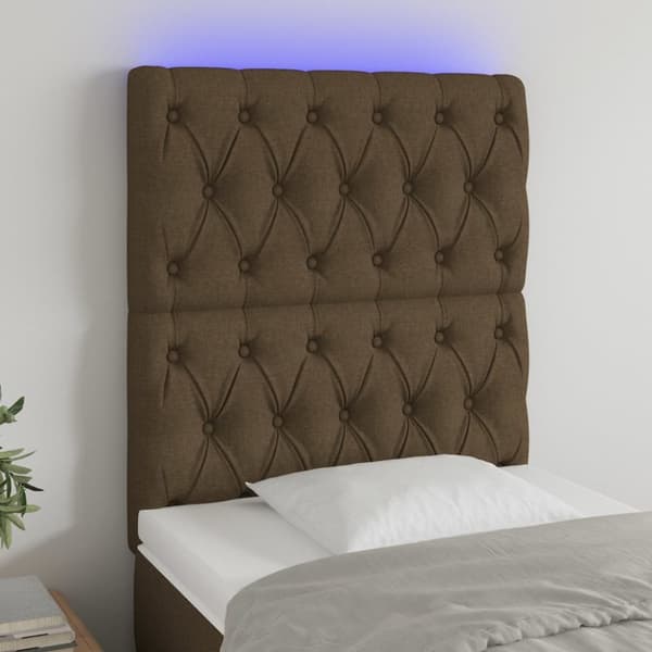 sengegavl med LED-lys 80x7x118/128 cm stof mørkebrun