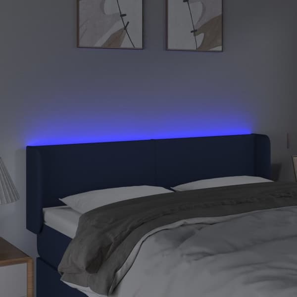 sengegavl med LED-lys 147x16x78/88 cm stof blå
