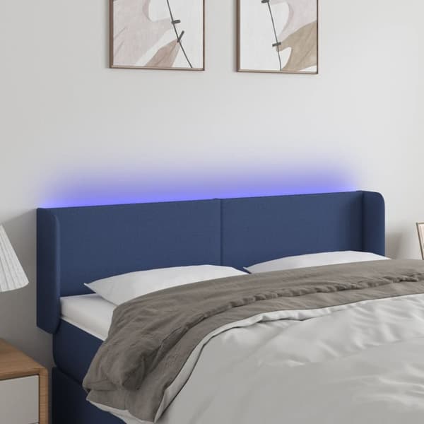 sengegavl med LED-lys 147x16x78/88 cm stof blå