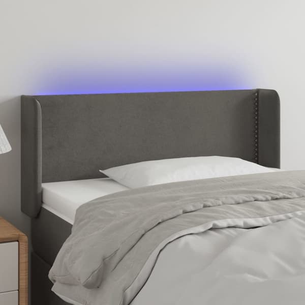 sengegavl med LED-lys 103x16x78/88 cm fløjl mørkegrå