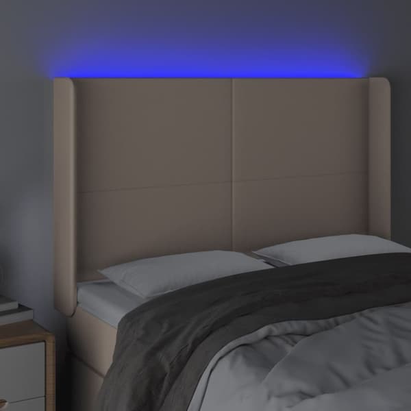 sengegavl med LED-lys 147x16x118/128 cm kunstlæder cappuccino