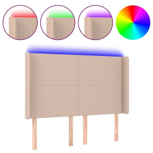 sengegavl med LED-lys 147x16x118/128 cm kunstlæder cappuccino