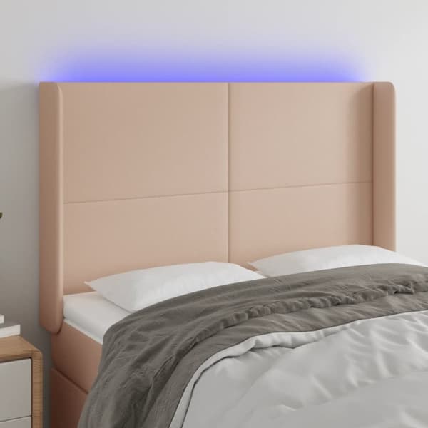 sengegavl med LED-lys 147x16x118/128 cm kunstlæder cappuccino