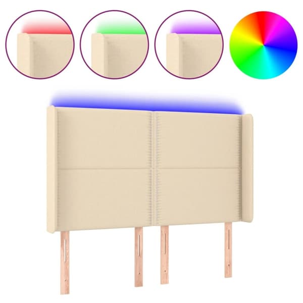 sengegavl med LED-lys 147x16x118/128 cm stof cremefarvet
