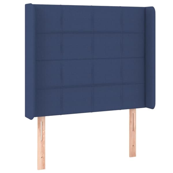 sengegavl med LED-lys 103x16x118/128 cm stof blå