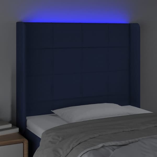 sengegavl med LED-lys 103x16x118/128 cm stof blå