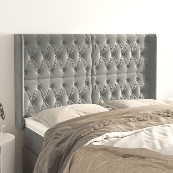 sengegavl med kanter 163x16x118/128 cm fløjl lysegrå