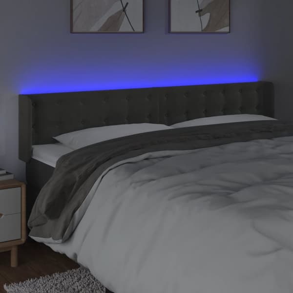 sengegavl med LED-lys 183x16x78/88 cm fløjl mørkegrå