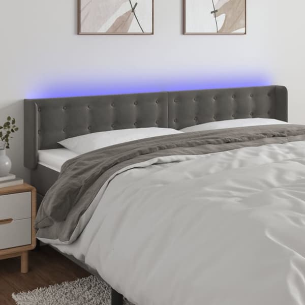 sengegavl med LED-lys 183x16x78/88 cm fløjl mørkegrå
